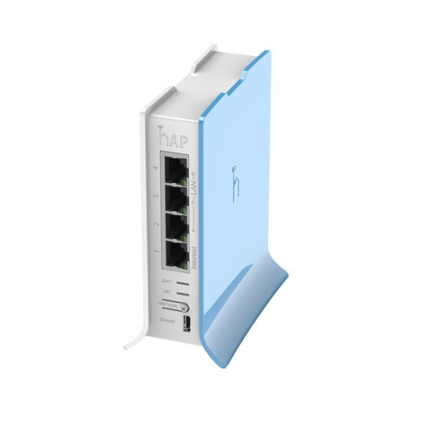 Mikrotik RB941-2nD-TC  hAP lite. Small home AP with four ethernet ports and a colorful enclosure.