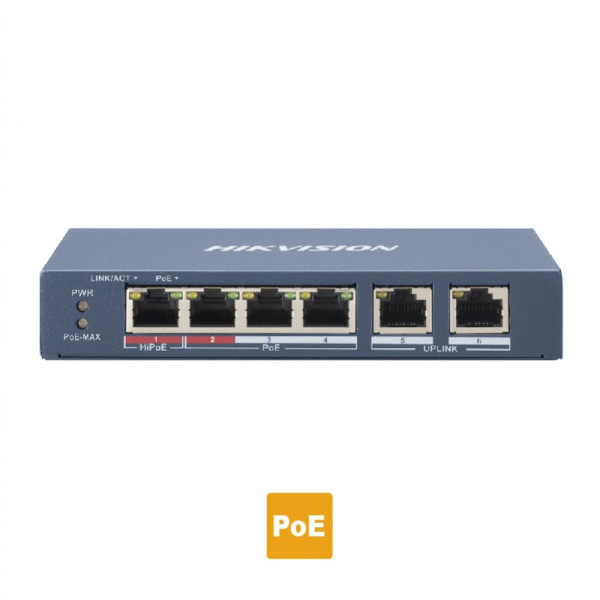 HIKVISION DS-3E0106HP-E Layer 2 unmanaged 6 port Switch, 1 x 100 HiPoE 60W + 3 x 100 PoE 30W