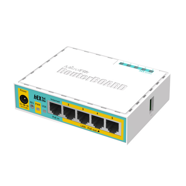 Mikrotik RB750UPr2 hEX PoE lite. 5xEthernet with PoE output for four ports, USB, 650MHz CPU, 64MB RAM, RouterOS L